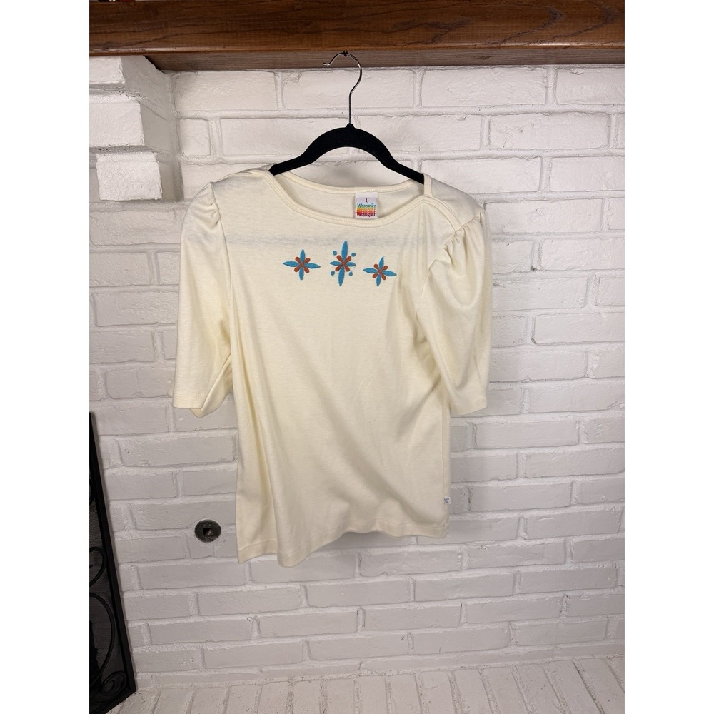 Wrangler Womens L Cream Embroidered Floral Puff Sleeve Top Western Retro